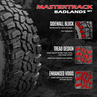 Set of 4 (Four) Mastertrack Badlands M/T 35X12.50R24LT 111Q 10 Ply Tires - size: 35X12.50R24LT 10 Ply