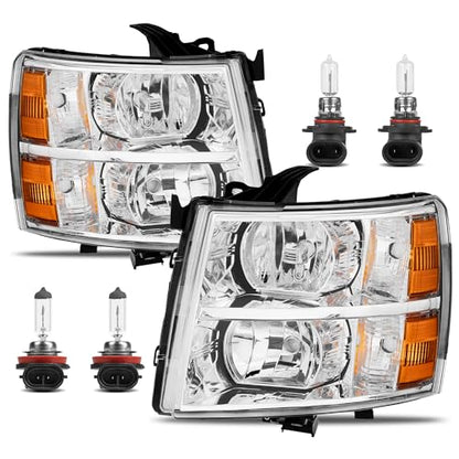 KUIPERAUTO Headlight Assembly Front Lamp Compatible with 2007-2013 Chevy Chevrolet Silverado 1500 2500HD 3500HD Chrome Housing/Clear Lens/Amber Corner with Bulb - color: Chrome/Clear/Amber