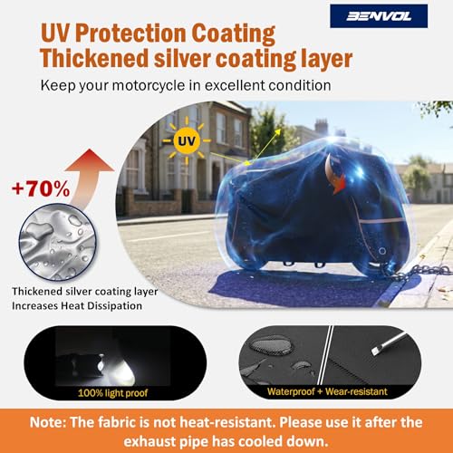 BENVOL 420D Heavy Duty Motorcycle Cover Waterproof Outdoor, 5000mm Rainproof Material Motorbike Cover with 2 Windproof Buckles, Lock Holes & Wide Reflective Strips, Anti-UV Sun Dust Protection - color: Black-XL(86.6*31.5*51)