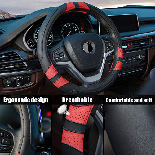 Achiou Steering Wheel Cover 15in Microfiber Leather Anti-Slip Universal - color: Black + Red