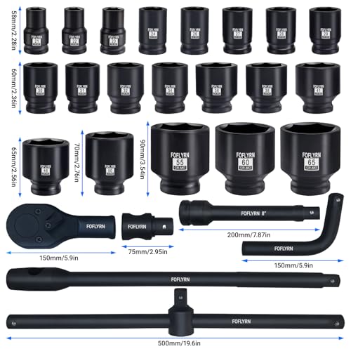 3/4" and 1" Drive Impact Socket Set, 26-Piece,Metric 21-65mm.