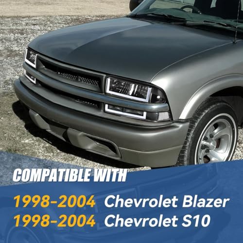 Auto Dynasty 4Pcs Switchback U-LED DRL Headlights Assembly and Bumper Lamps Compatible with Chevy Blazer S10 1998-2004, Driver and Passenger Side, Black Housing Clear Lens - color: Black, size: U-Style LED DRL