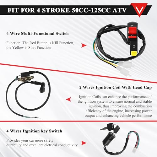 PRO BAT 50-125cc Dirt Bike Full Wiring Harness 5 -Pin AC CDI Solenoid Relay - color: Orange A7TJC Spark Plug & Full-wave Rectifier