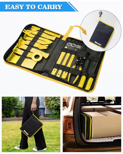 Poraxy 19Pcs Trim Removal Tool,Car Panel Door Audio Trim Removal Tool Kit, Auto Clip Pliers Fastener Remover Pry Tool Set with Storage Bag - color: Yellow