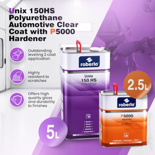 Roberlo Unix 150HS Clear Coat with P5000 Hardener - High Solids Automotive Clear Coat, Fast Drying, High Gloss Finish - Professional Car Paint Clear Coat Kit - 5L Clear + 2.5L Hardener
