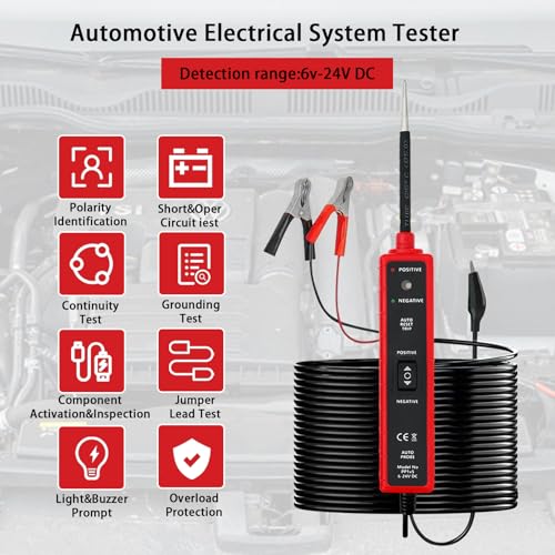 Circuit Tester Tool, 6-24V DC, Test Light with Short Circuit Detection, Polarity Identifier, Continuity Testing - color: Red