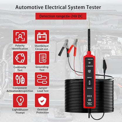 Circuit Tester Tool, 6-24V DC, Test Light with Short Circuit Detection, Polarity Identifier, Continuity Testing - color: Red