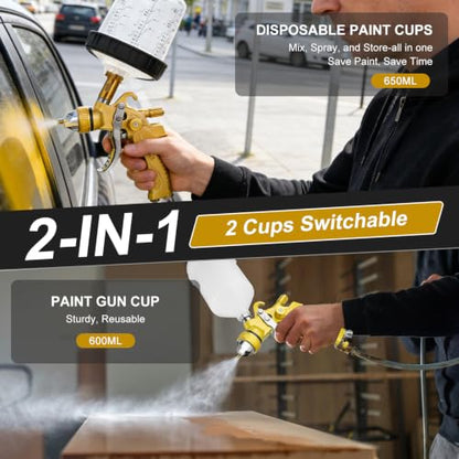 HVLP Spray Gun Kit with 10Pcs 650ML Disposable Paint Cups Car Paint Gun - color: Gold