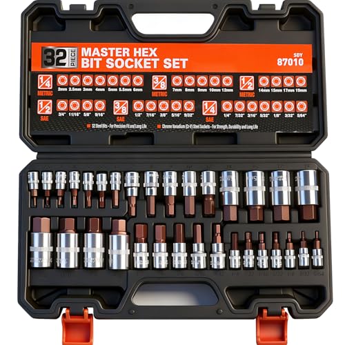 High Torque Master Hex Bit Socket Set, 32-Piece SAE & Metric Allen Socket Set, Premium S2 Alloy Steel, Durable Storage Case, 1/4", 3/8", 1/2" Drive, for Automotive & Mechanical Work - color: 32 Pcs Orange