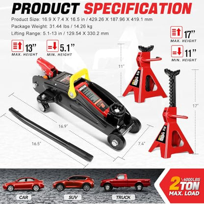 Auto Dynasty 2 Ton Floor Jack & Stands, Hydraulic Quick Lift, Red/Black - color: Red/Black