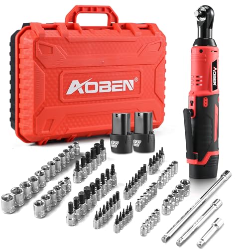 AOBEN Cordless Ratchet Wrench Kit,3/8" ratchet,40 Ft-lbs Electric Power Ratchet Set with Variable Speed Trigger,2 Packs 2000mAh Lithium-Ion Battery And Charger,83 Sockets - color: Apple Red
