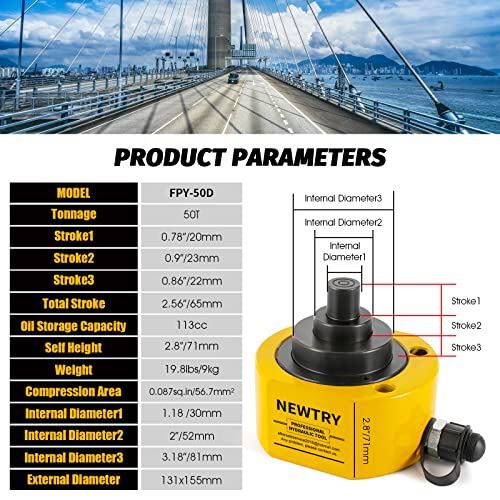 NEWTRY 50T Low Profile Hydraulic Ram Jack, 2.56" Stroke Multi-Section - size: 50T