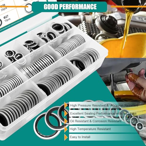 265PCS NBR Metal Bonded Sealing Washers Metric Zinc-Plated Self-Centred - color: 265pcs Sealing Washers