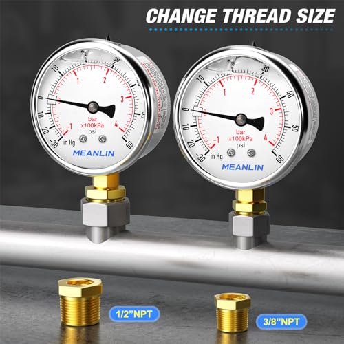 MEANLIN MEASURE -30inHG~60Psi Stainless Steel 1/4" NPT 2.5" FACE DIAL Vacuum Pressure Gauge, Lower Mount, with 1/2" NPT and 3/8" NPT Hex Bushing - size: -30inHG-60Psi
