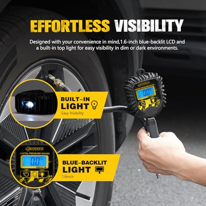 BUNKER INDUST Digital Tire Inflator with Pressure Gauge, Heavy Duty Air Chuck and Compressor Accessories with Built-in Top Light and Quick Connect Coupler, 0-250 PSI
