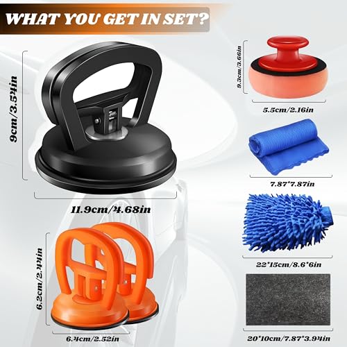 7-Piece Car Dent Puller Kit – Black & Orange Suction Cup Dent Remover Set with Large & Small Pullers, Scratch Repair Tools, Microfiber Mitt, Nano Cloth & Buffing Pad for Car Body Restoration