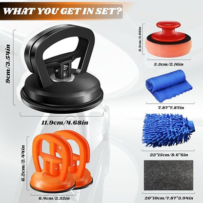 7-Piece Car Dent Puller Kit – Black & Orange Suction Cup Dent Remover Set with Large & Small Pullers, Scratch Repair Tools, Microfiber Mitt, Nano Cloth & Buffing Pad for Car Body Restoration