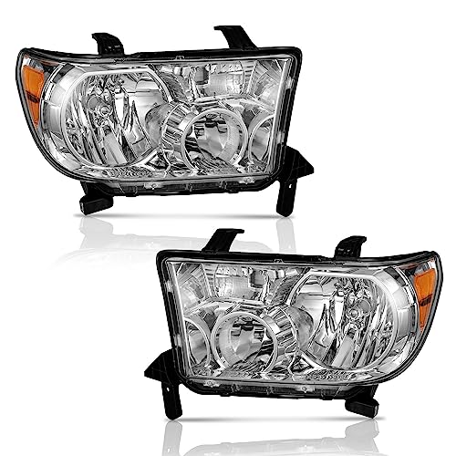 WEELMOTO Headlights for 07-13 Toyota Tundra, Fits Models W/O Level Adjuster - color: Clear Lens I Chrome Housing I Amber Reflector