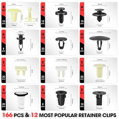 DNA Motoring 166pcs Car Push Retainer Clips, Plastic Bumper Clip Fender Clip, Door Trim Panel Clips, Bumper Fender Rivets Fasteners Push Retainer Kit for Ford, GM, Chrysler, Toyota, TOOLS-00732 - style: 166pcs
