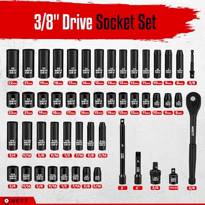 WETT 50Pcs 3/8" Drive Impact Socket Set, SAE/Metric, Deep/Shallow Sockets, with Adjustable Ratchet Handle, Extension Bar, Universal Joint, Adapter & Reducer, Cr-V Steel,(5/16"-3/4", 8-22mm) - size: 3/8" Drive Impact Socket Set (50pcs)