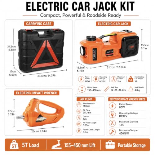 E-HEELP Electric Car Jack Kit 5 Ton 12V with Impact Wrench, 6.1-17.7 in