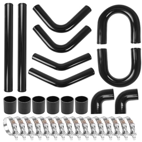 3" Universal Intercooler Kit Aluminum Turbo Intercooler Piping U-Pipe Kit with Coupler and T-Clamps DIY Custom Pipe 32Pcs-Black - color: Black, size: 3"-60cm