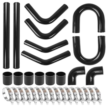 3" Universal Intercooler Kit Aluminum Turbo Intercooler Piping U-Pipe Kit with Coupler and T-Clamps DIY Custom Pipe 32Pcs-Black - color: Black, size: 3"-60cm