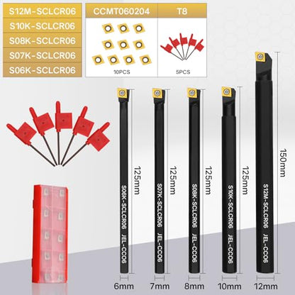 S06K/S07K/S08K/S10K/S12M-SCLCR06 Indexable Lathe Turning Tool 15Pcs Kit, 5Pcs Metal Lathe Tools Holder Set, with 10Pcs CCM21.51/CCMT060204 Carbide Inserts Turning Inserts Carbide Turning Tool - style: 5pcs SCLCR06 Shanks+10pcs Inserts