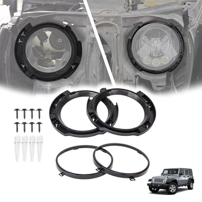 7 Inch Round Headlight Mounting Retaining Bracket Ring with Headlight Metal Ring Fit for 2007-2018 Jeep Wrangler JK JKU Sport Rubicon Sahara Unlimited, 1 Pair, Left & Right, Black - color: JK, Kit