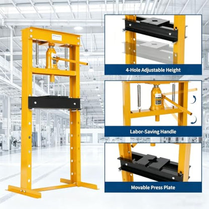 Heavy Duty 20 Ton Hydraulic H-Frame Shop Press, Adjustable Height - color: Yellow | with dust cover | 20T