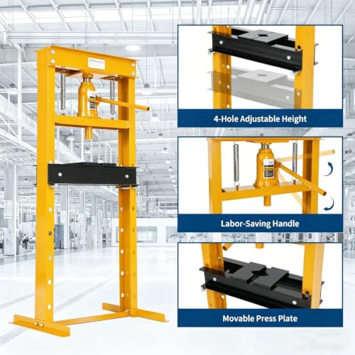 Heavy Duty 20 Ton Hydraulic H-Frame Shop Press, Adjustable Height - color: Yellow | with dust cover | 20T