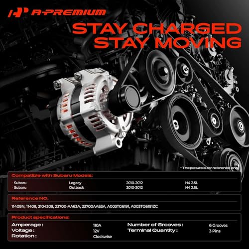 A-Premium Alternator, 12V 110A 6-Groove Pulley CW, Compatible with Subaru