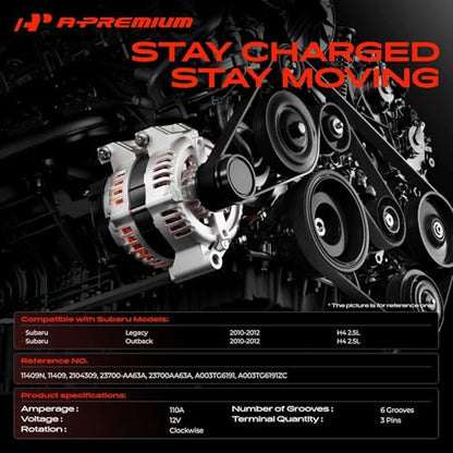 A-Premium Alternator, 12V 110A 6-Groove Pulley CW, Compatible with Subaru