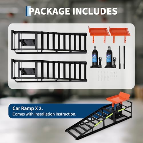5 Ton Hydraulic Car Ramps, Heavy Duty Vehicle Lift with Reflective Strips for Night Use, Low Profile Adjustable Height 9.8" to 15", Portable Auto Service Ramps for Oil Changes Garage&Truck Maintenance