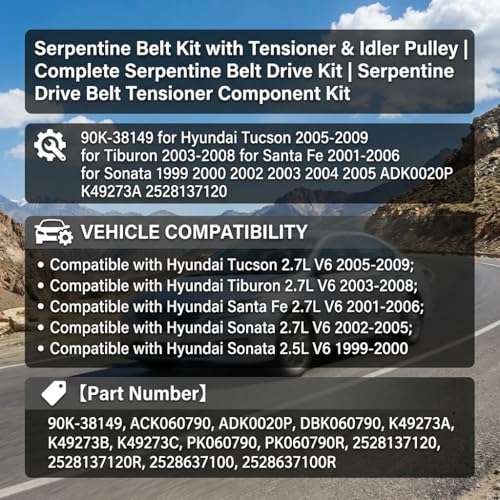 Serpentine Belt Kit With Tensioner And Idler Pulley For Hyundai Tucson - size: Hyundai Tucson, Santa Fe, Sonata V6 (99-09)