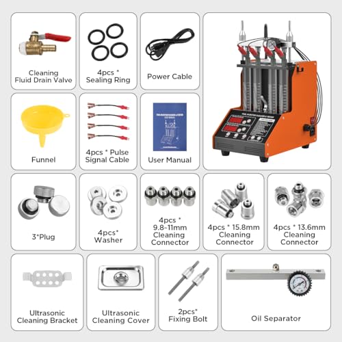 Fuel Injector Cleaner Tester Kit Ultrasonic Injector Cleaner Machine 9 Test Modes Fuel Injector Tester Cleaner 4 Cylinder Fuel System Injection Cleaning Tool Kit for 5V & 12V Motorcycle Car Injectors