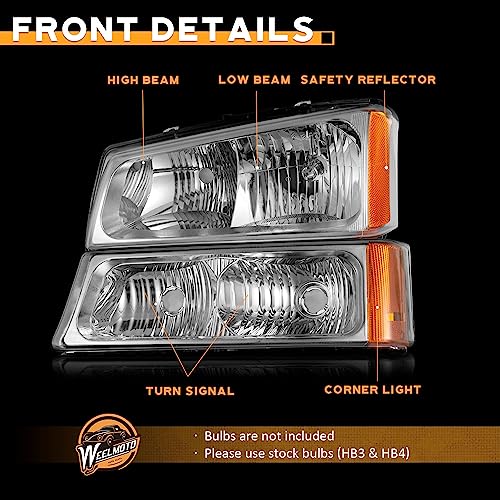WEELMOTO Headlights for 03-07 Chevy Silverado1500/2500/3500/1500HD/2500HD - color: Clear Lens l Chrome Housing l Amber Reflector