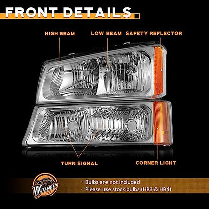 WEELMOTO Headlights for 03-07 Chevy Silverado1500/2500/3500/1500HD/2500HD - color: Clear Lens l Chrome Housing l Amber Reflector