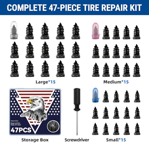 AUTOWN 47PCS Tire Repair Rubber Nail Kit - Complete Set with 3 Sizes, Storage Box & Screwdriver - for Car, Truck, Motorcycle & More - size: 47PCS