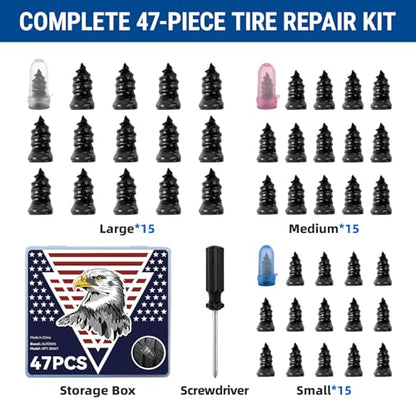 AUTOWN 47PCS Tire Repair Rubber Nail Kit - Complete Set with 3 Sizes, Storage Box & Screwdriver - for Car, Truck, Motorcycle & More - size: 47PCS