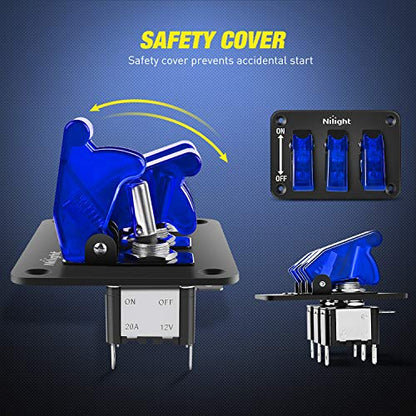 Nilight 3 Gang Toggle Switch 12V Rocker Switch Panel with LED Light and Flip Cover Heavy-Duty ON/Off Switch Plate 3 Pin SPST Rocker Switch，2 Years Warranty - color: Blue 3 Gang