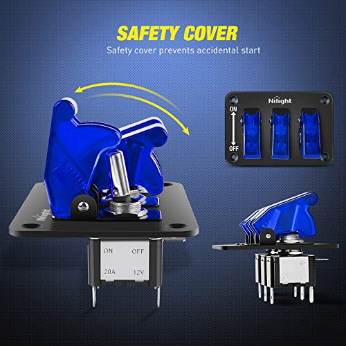 Nilight 3 Gang Toggle Switch 12V Rocker Switch Panel with LED Light and Flip Cover Heavy-Duty ON/Off Switch Plate 3 Pin SPST Rocker Switch，2 Years Warranty - color: Blue 3 Gang