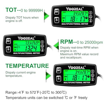 YOOREAL Digital Engine Temperature Gauge Meter,Tachometer and Hour Meter - size: HM035A TS002-1