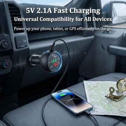 3-in-1 Car USB Power & Voltmeter & Thermometer, Real Time Monitor Gauge with LED Digital Display, Cigarette Lighter Plug and Play Detection Tool, Universal for Cars SUVs Trucks (Black)