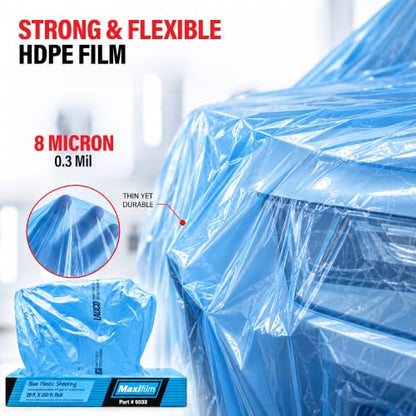 MAXIFILM 16ft x 350ft Roll of Blue Overspray Paintable Masking Plastic Sheeting -8 Micron, 0.3 Mil, Protective Masking Film Cover, Auto Painting, Cover Cloth Home Walls Furniture (1, 16ft x 350ft)