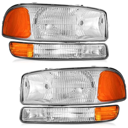 WEELMOTO Halogen Headlights Assembly for 99-06 GMC Sierra Yukon - color: 2-Clear Lens | Chrome Housing | Amber Reflector, size: OE Replacement