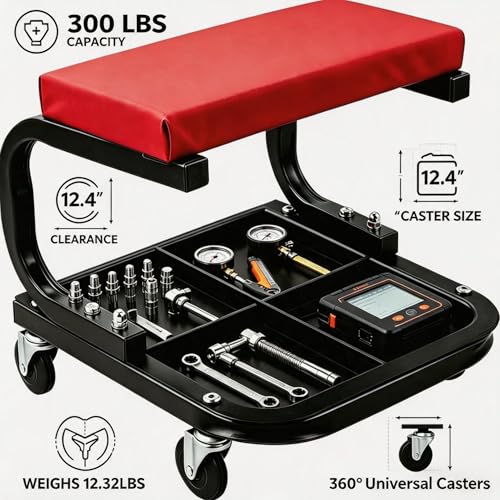 Rolling Creeper Garage/Shop Seat,250 LBS Capacity Heavy Duty Rolling Mechanic Stool with Wheels,Automotive Padded Creeper Seat with Tool Tray Storage for Garage, Shop, Auto Repair