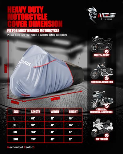 MZS Motorcycle Cover Waterproof Outdoor, Heavy Duty All Season Weather Sun Protection with Storage Bag Vents Night Reflective Cotton Lining Lock Holes fits up to 104" Motorcycles Vehicle Covers