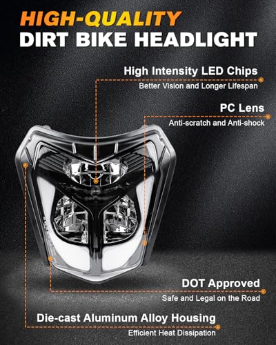 BICYACO DOT LED Dirt Bike Headlight, 40W 2700LM Universal Motorcycle Headlamp with DRL Hi/Lo Beam, IP67 Waterproof Front Light Compatible with EXC XCW SXF SX 125 250 300 350 450 500 Pit Bike Enduro - color: Black D