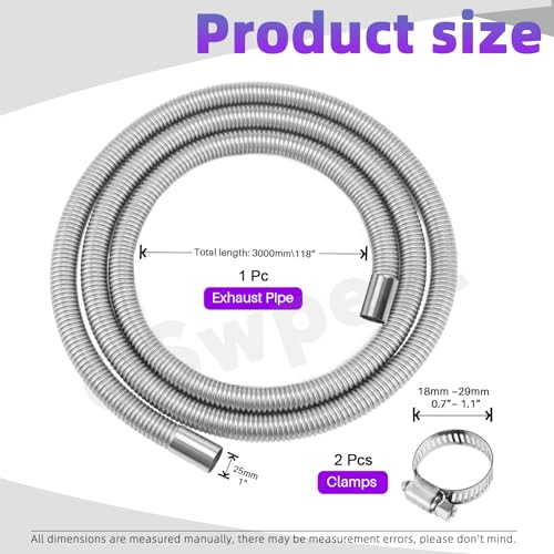 Swpeet 3Pcs 1" x 118" - 25mm x 300cm Stainless Steel Diesel Heater Exhaust Pipe with 18mm-29mm Hose Clamps Kit, Fuel Tank Air Heater Diesel Gas Vent Hose Exhaust Tubing for Car Vehicle - size: 300cm Without Exhaust Muffler